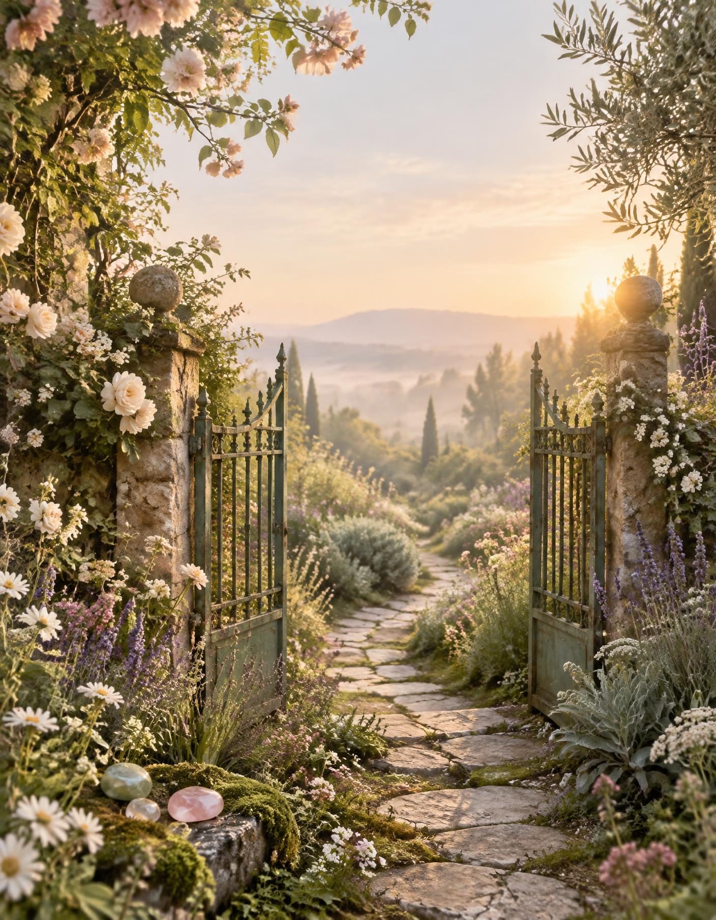 Porte ancienne ouverte sur un jardin fleuri baigné de lumière
